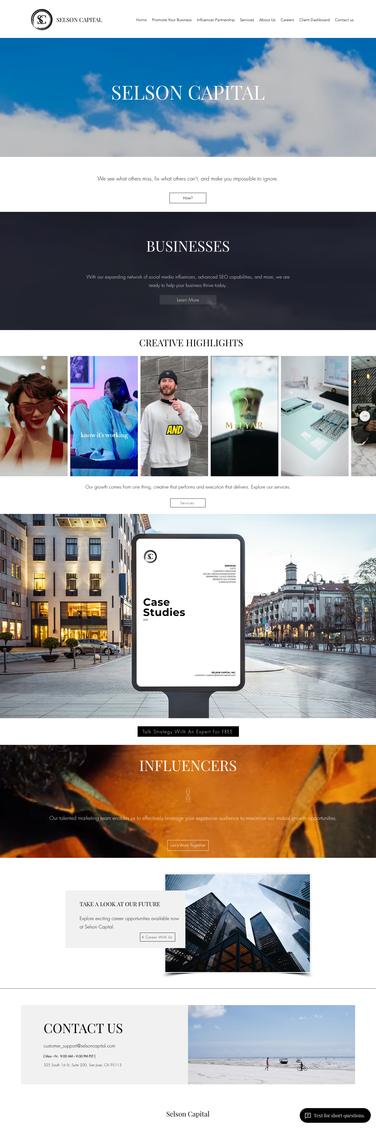 Selson Capital homepage as it appears today, showing the logotype, a full-width sky photograph behind the company name, and the Creative Highlights gallery below
