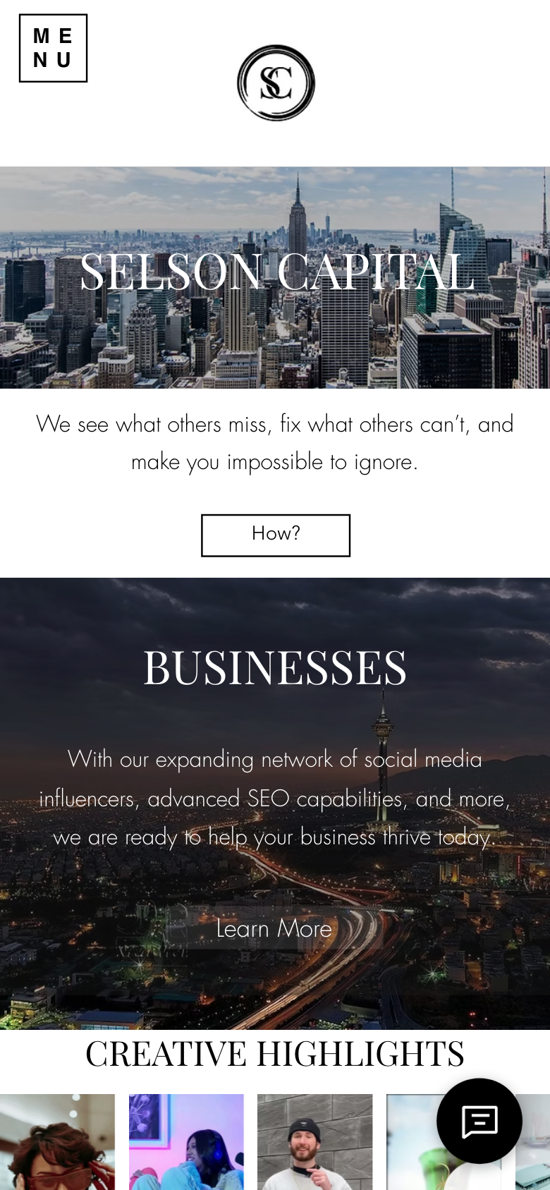 Selson Capital homepage viewed on a phone-sized screen, showing the MENU button, the logo, the hero image and the Businesses section